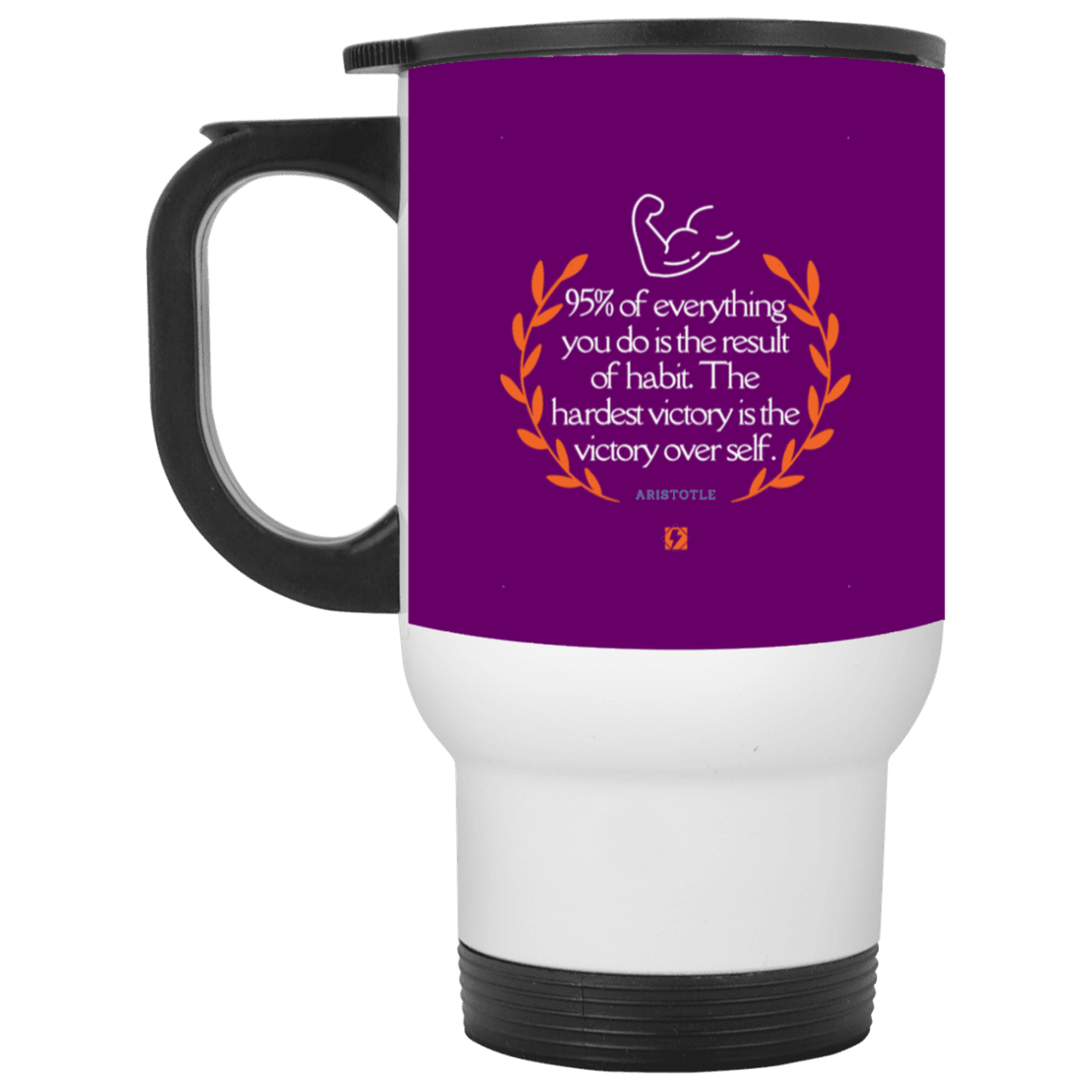 Steel Travel Mug with inspiring Aristotle quote: A101 - Habits lead to victory - Color: White Purple