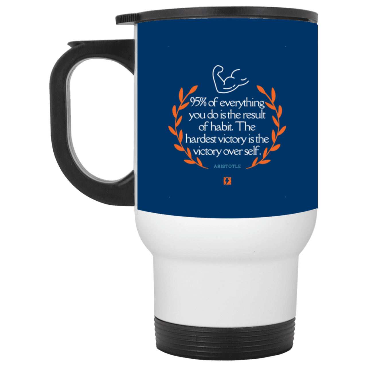 Steel Travel Mug with inspiring Aristotle quote: A101 - Habits lead to victory - Color: White Royal