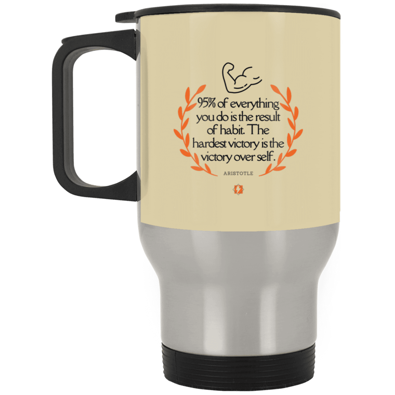 Steel Travel Mug with inspiring Aristotle quote: A101 - Habits lead to victory - Color: Silver Tan