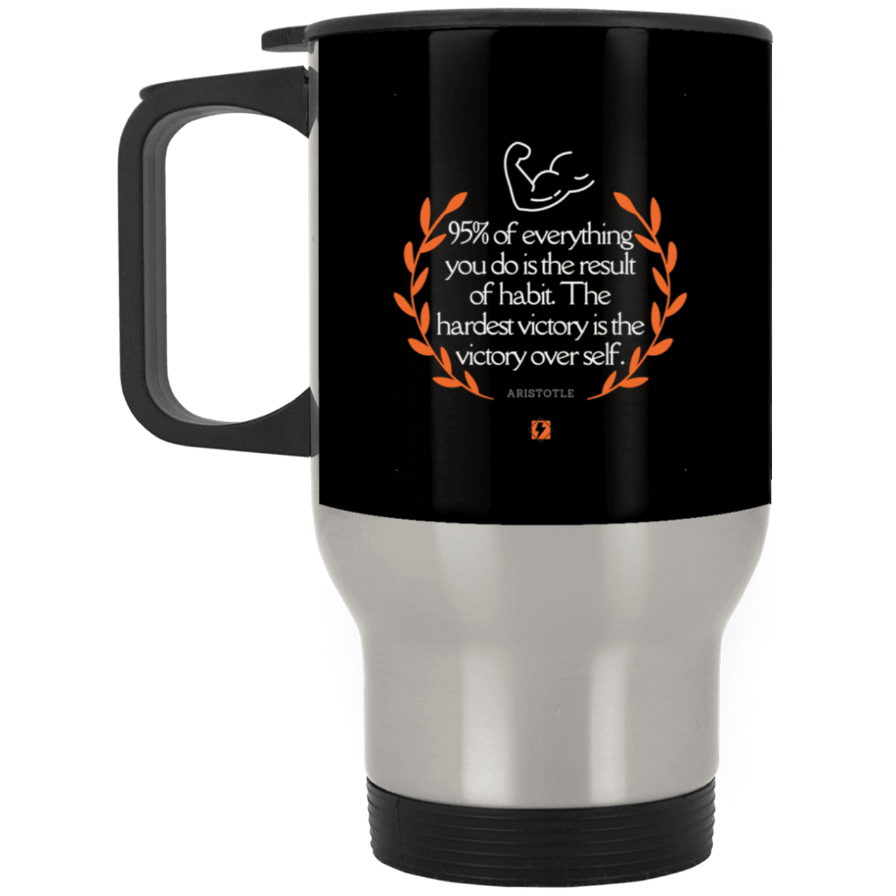 Steel Travel Mug with inspiring Aristotle quote: A101 - Habits lead to victory - Color: Silver Black