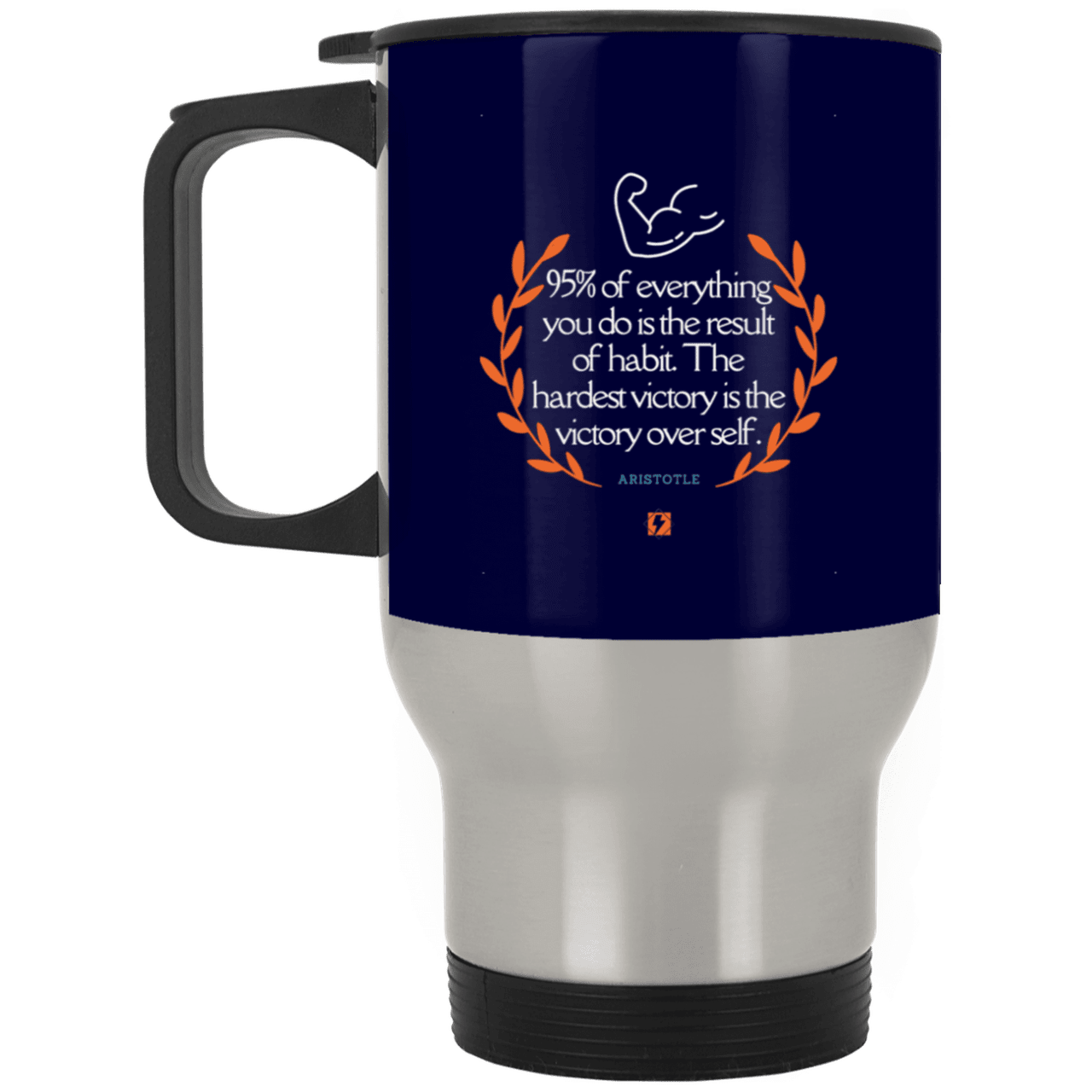 Steel Travel Mug with inspiring Aristotle quote: A101 - Habits lead to victory - Color: Silver Navy