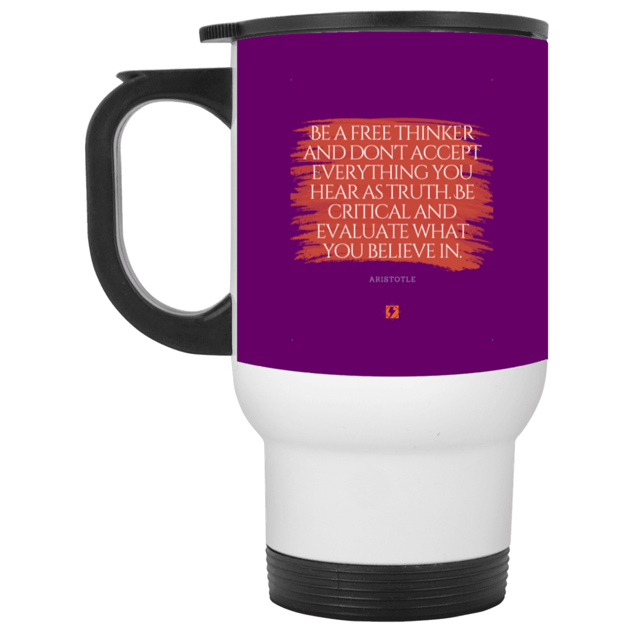 Steel Travel Mug with inspiring Aristotle quote: A106 - Become a critical thinker - Color: White Purple