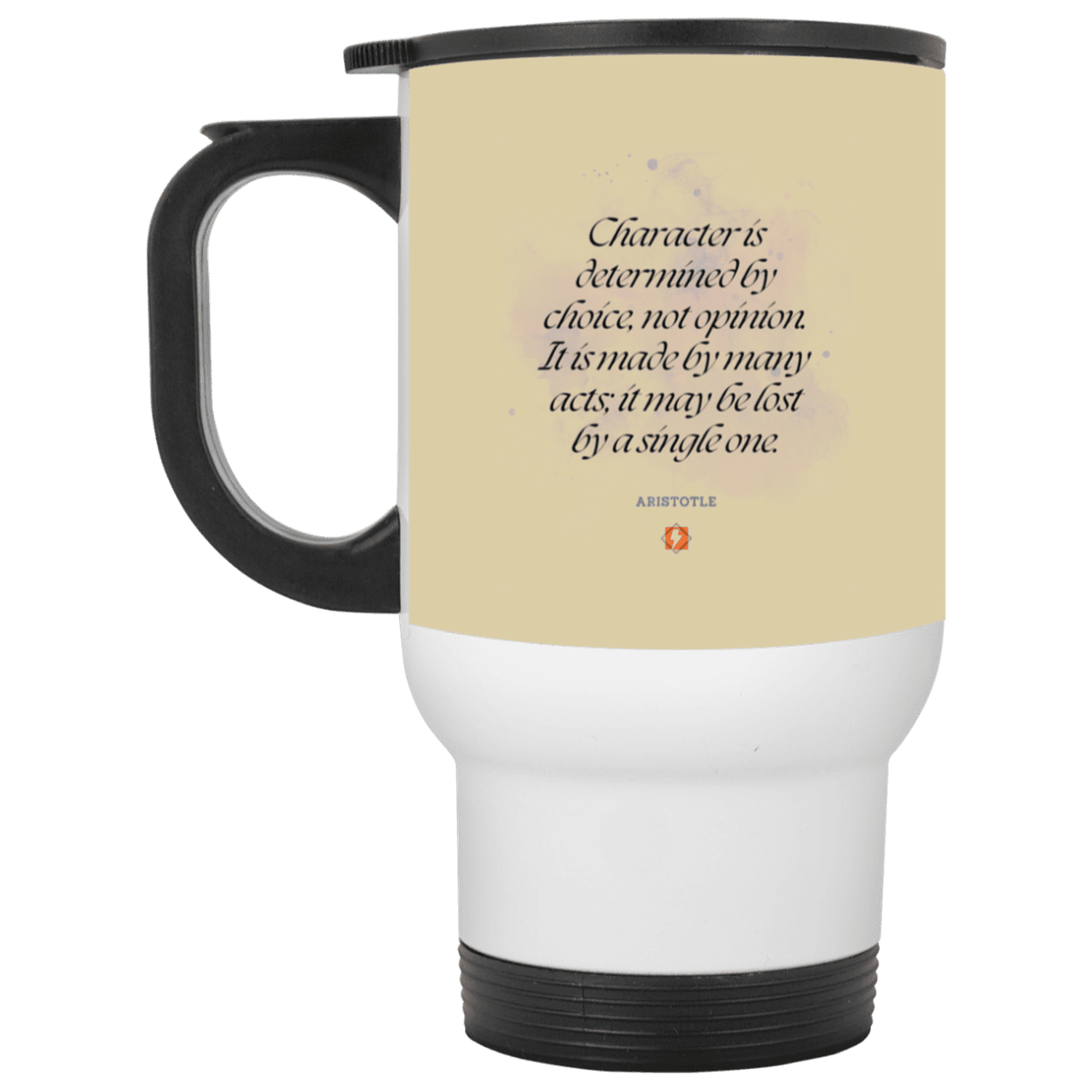 Steel Travel Mug with inspiring Aristotle quote: A107 - Character is the sum-total of your choices - Color: White Tan