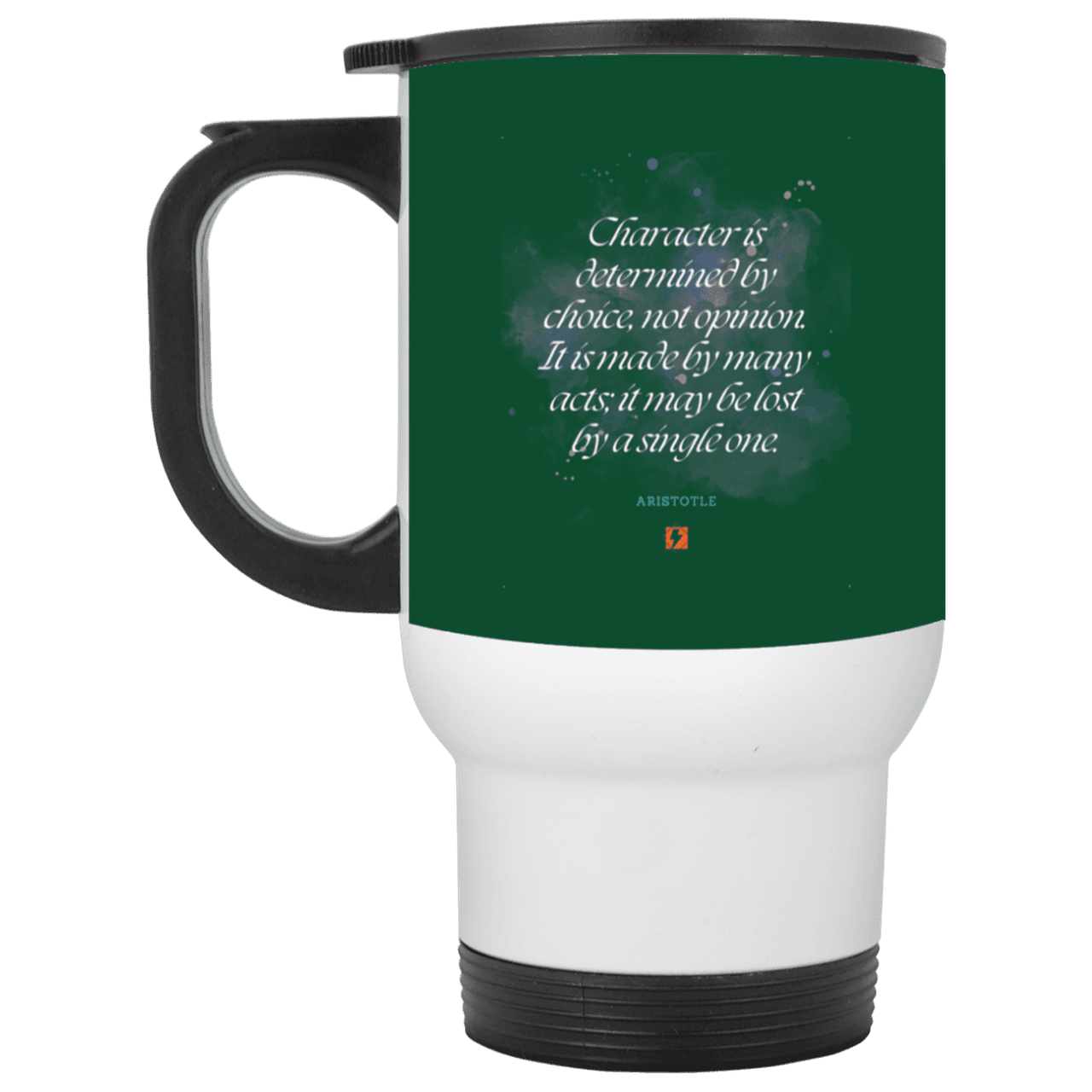 Steel Travel Mug with inspiring Aristotle quote: A107 - Character is the sum-total of your choices - Color: White Forest