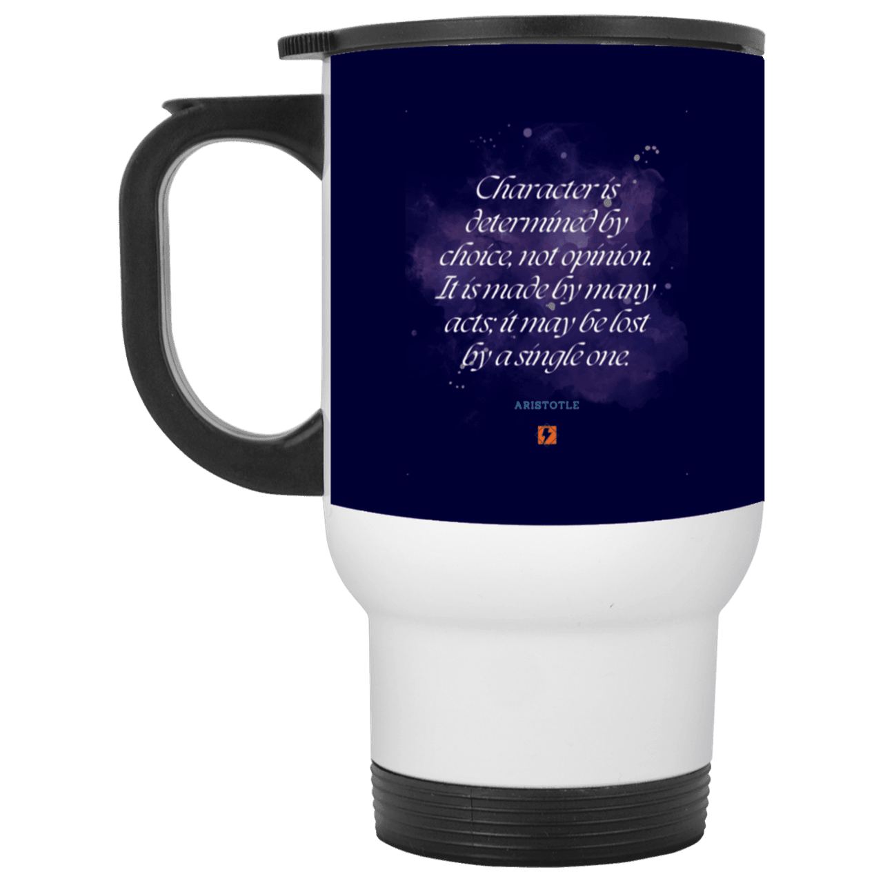 Steel Travel Mug with inspiring Aristotle quote: A107 - Character is the sum-total of your choices - Color: White Navy