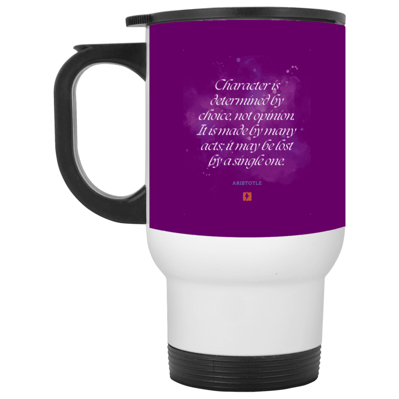 Steel Travel Mug with inspiring Aristotle quote: A107 - Character is the sum-total of your choices - Color: White Purple