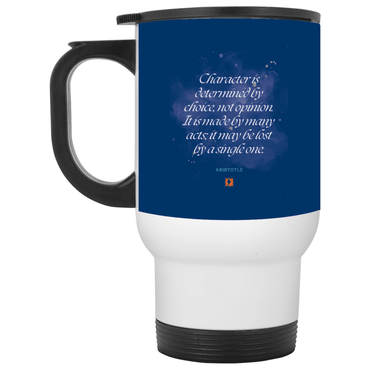 Steel Travel Mug with inspiring Aristotle quote: A107 - Character is the sum-total of your choices - Color: White Royal