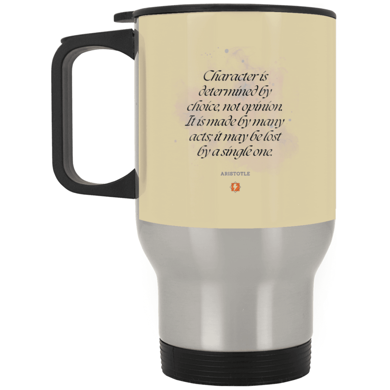 Steel Travel Mug with inspiring Aristotle quote: A107 - Character is the sum-total of your choices - Color: Silver Tan