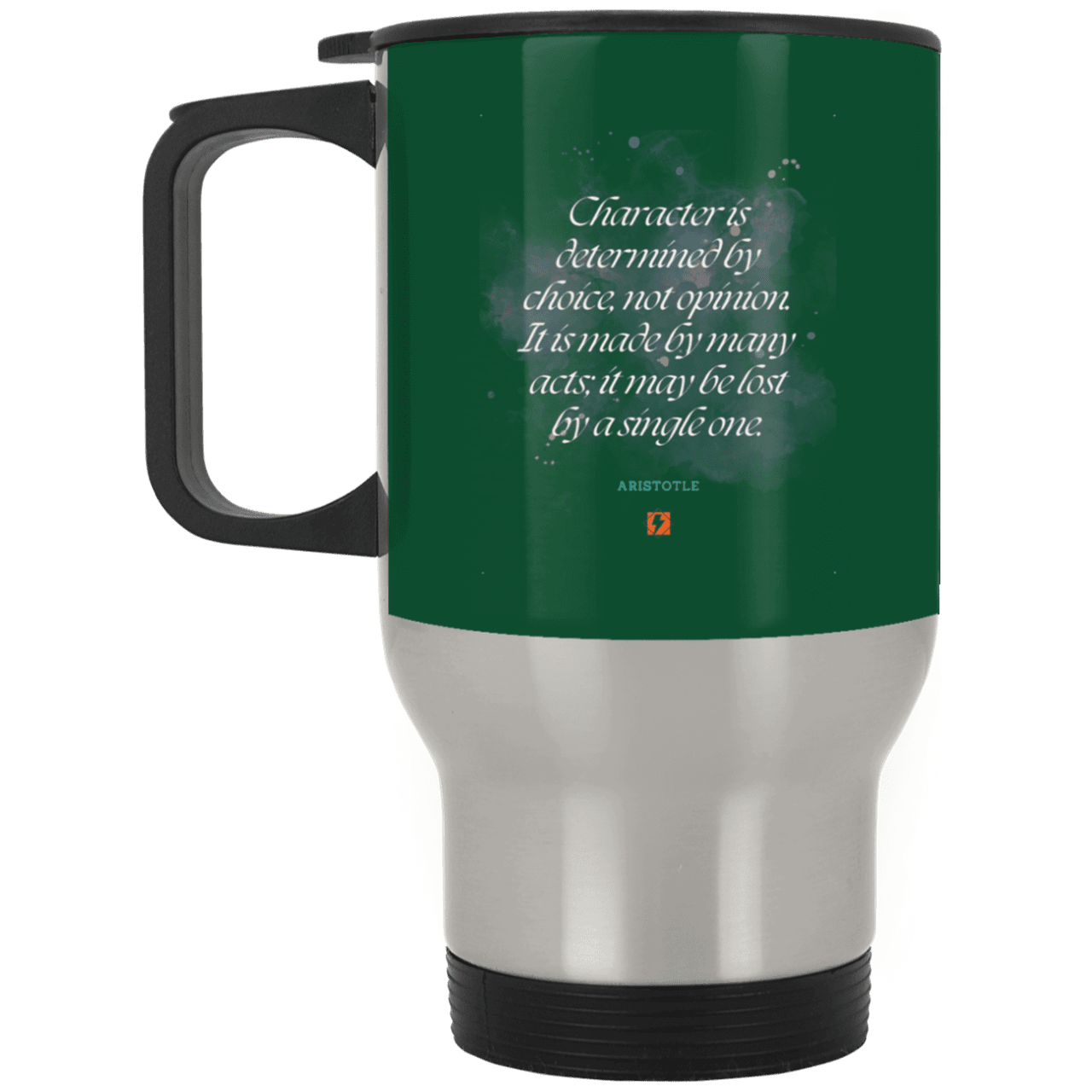 Steel Travel Mug with inspiring Aristotle quote: A107 - Character is the sum-total of your choices - Color: Silver Forest