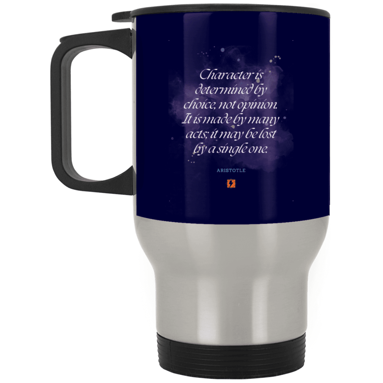 Steel Travel Mug with inspiring Aristotle quote: A107 - Character is the sum-total of your choices - Color: Silver Navy