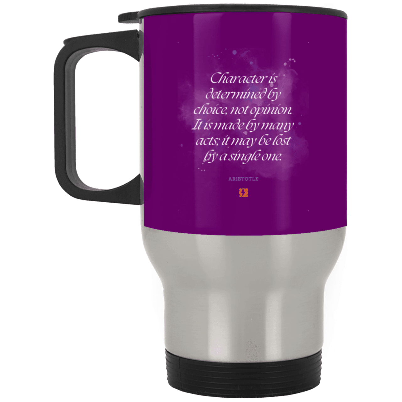 Steel Travel Mug with inspiring Aristotle quote: A107 - Character is the sum-total of your choices - Color: Silver Purple