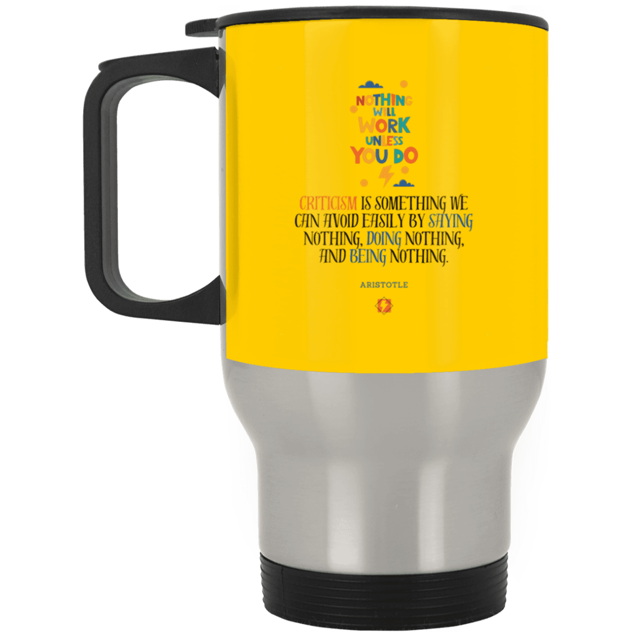 Steel Travel Mug with inspiring Aristotle quote: A109 - Only action-takers get criticised - Color: Silver Athletic Gold