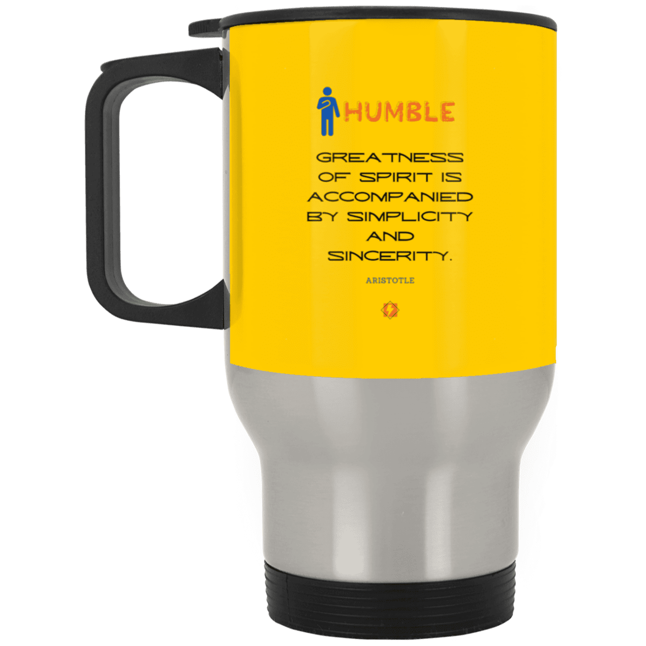 Steel Travel Mug with inspiring Aristotle quote: A111 - Staying humble elevates greatness - Color: Silver Athletic Gold