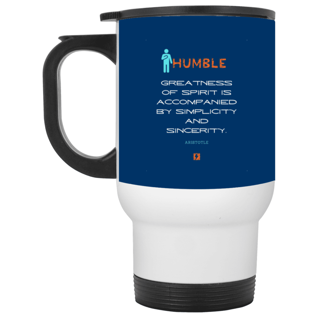 Steel Travel Mug with inspiring Aristotle quote: A111 - Staying humble elevates greatness - Color: White Royal