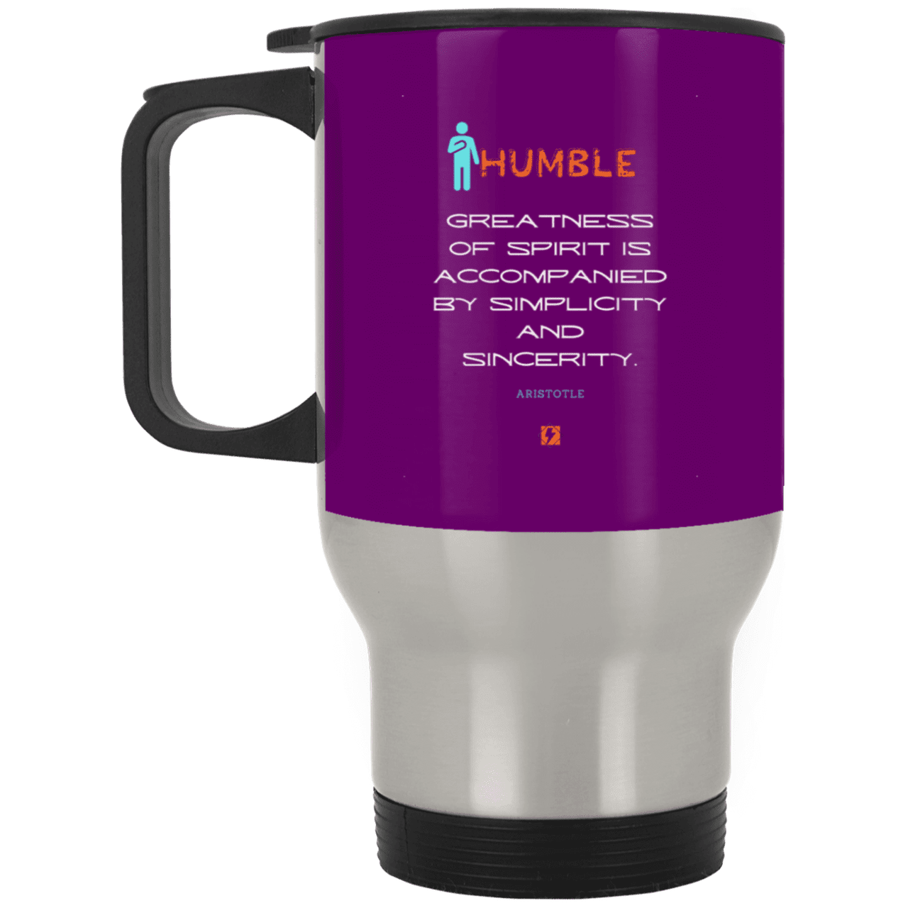 Steel Travel Mug with inspiring Aristotle quote: A111 - Staying humble elevates greatness - Color: Silver Purple