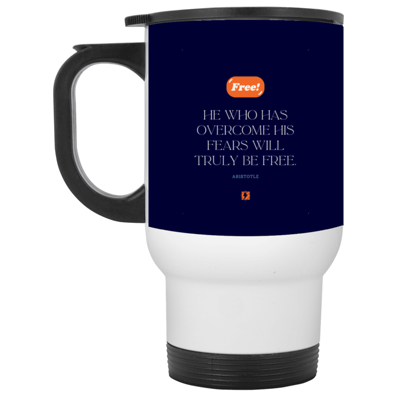 Steel Travel Mug with inspiring Aristotle quote: A114 - True freedom is fearlessness - Color: White Navy