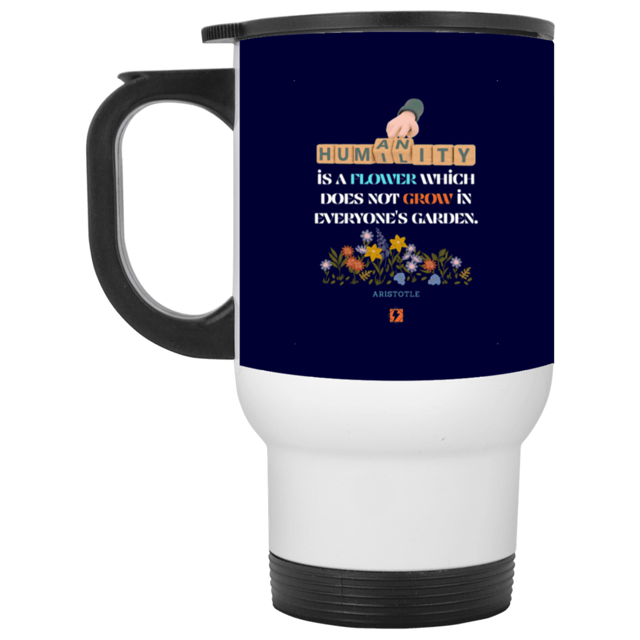 Steel Travel Mug with inspiring Aristotle quote: A115 - Humility is not in everyone - Color: White Navy