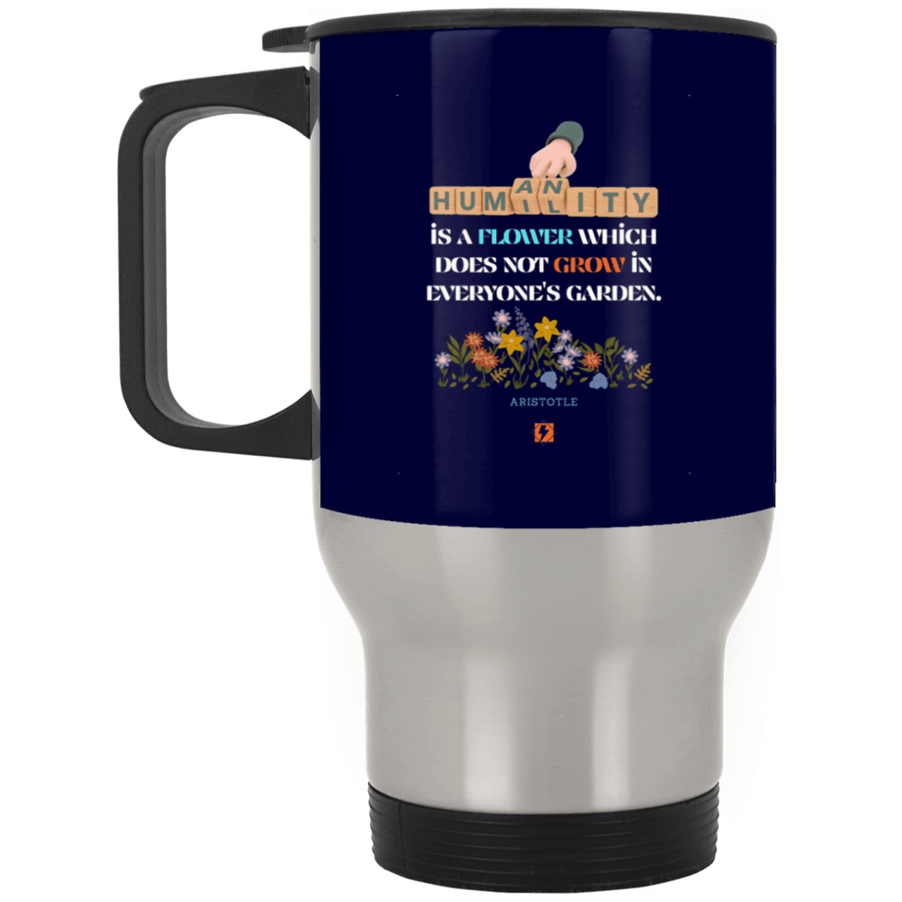 Steel Travel Mug with inspiring Aristotle quote: A115 - Humility is not in everyone - Color: Silver Navy