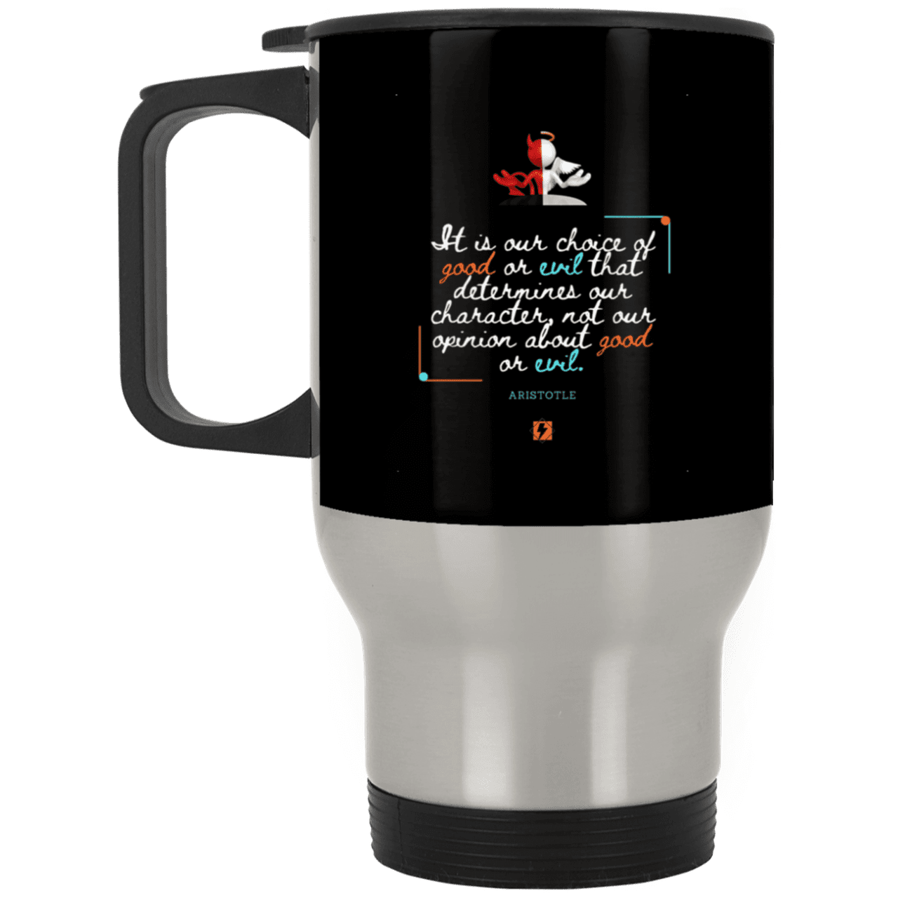 Steel Travel Mug with inspiring Aristotle quote: A116 - Character is self-determined - Color: Silver Black