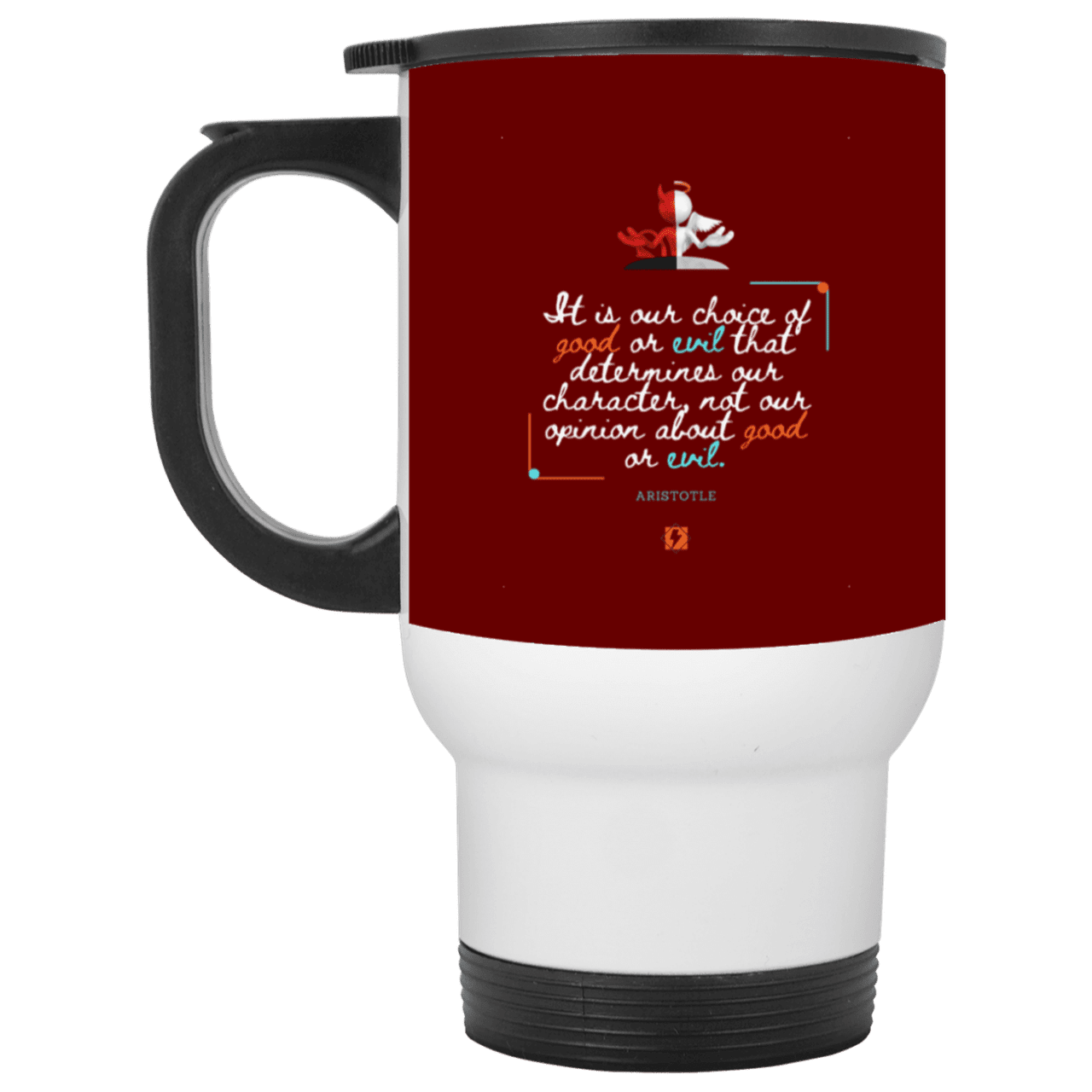 Steel Travel Mug with inspiring Aristotle quote: A116 - Character is self-determined - Color: White Maroon