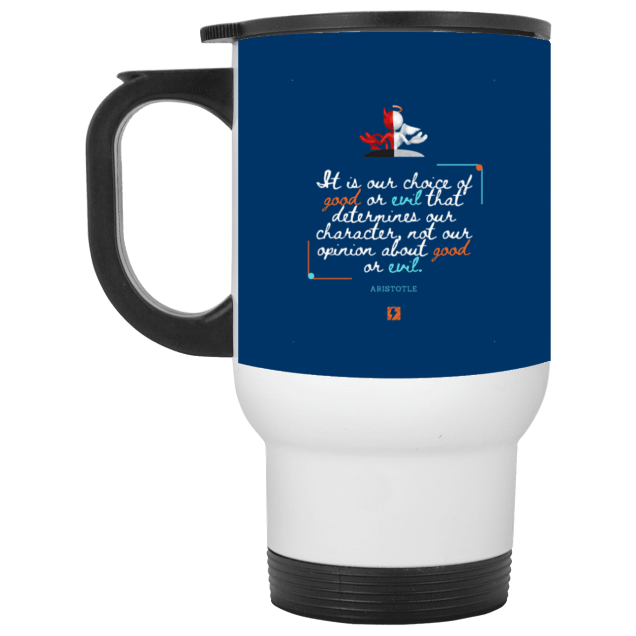 Steel Travel Mug with inspiring Aristotle quote: A116 - Character is self-determined - Color: White Royal