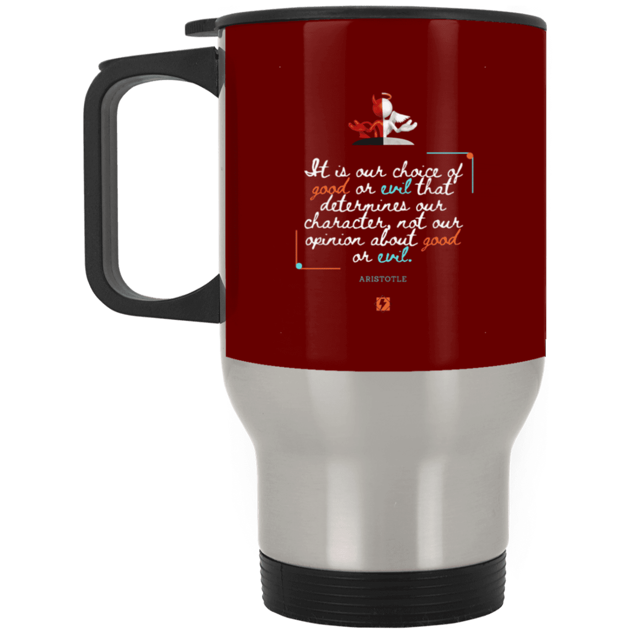 Steel Travel Mug with inspiring Aristotle quote: A116 - Character is self-determined - Color: Silver Maroon