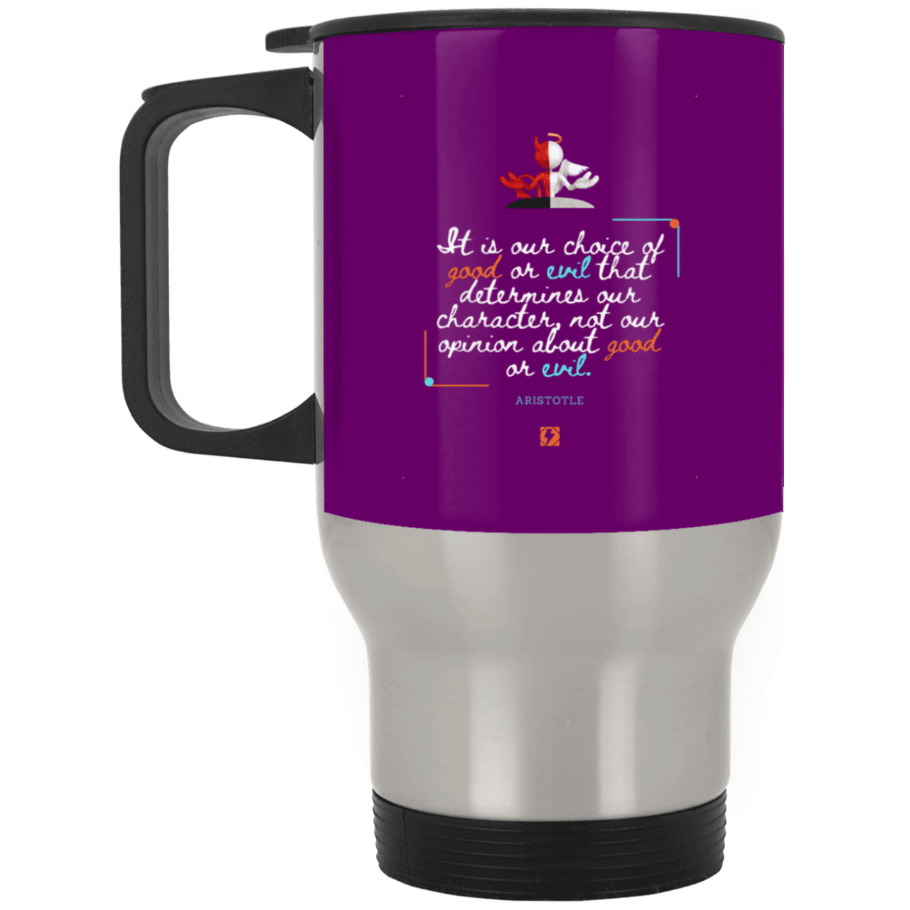 Steel Travel Mug with inspiring Aristotle quote: A116 - Character is self-determined - Color: Silver Purple