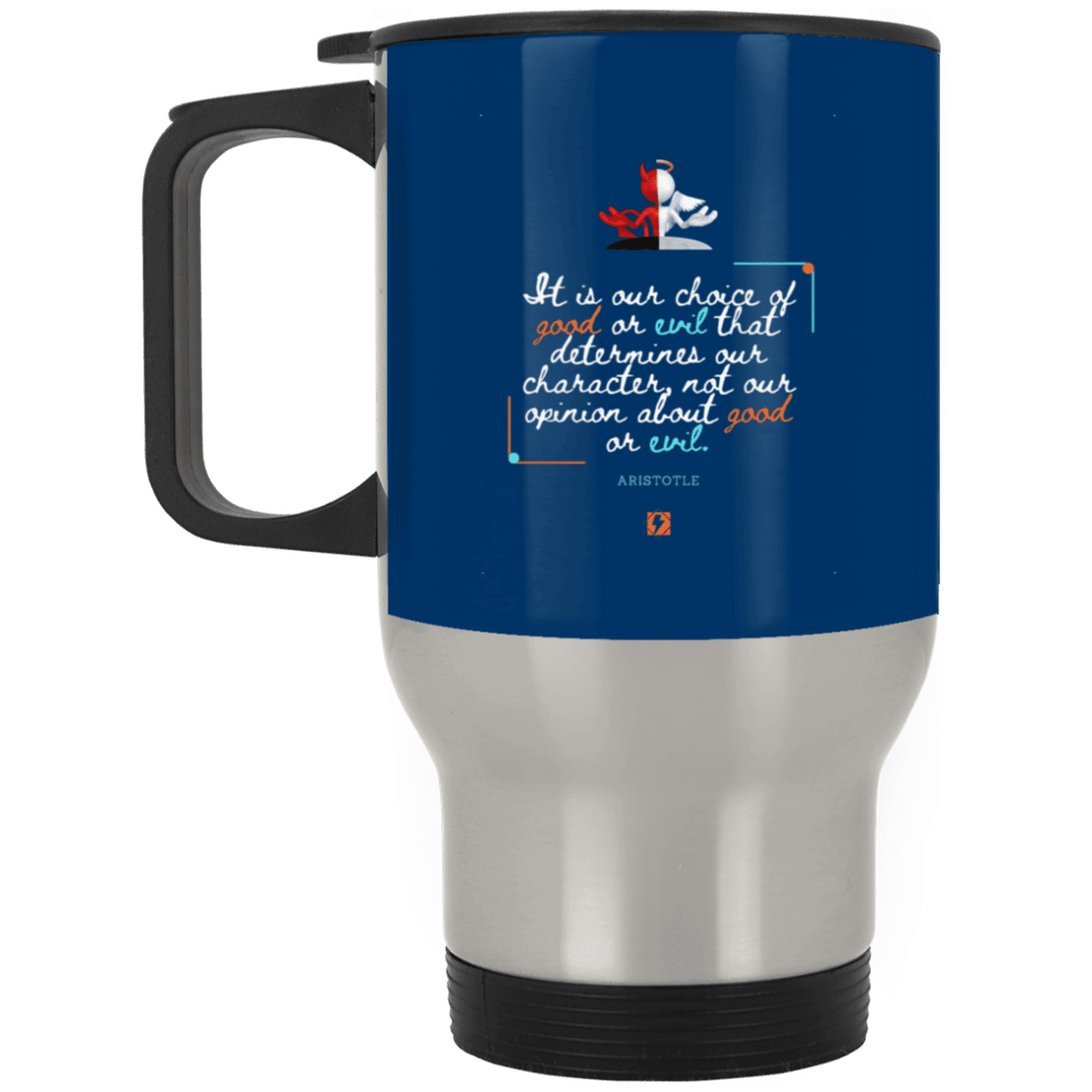 Steel Travel Mug with inspiring Aristotle quote: A116 - Character is self-determined - Color: Silver Royal