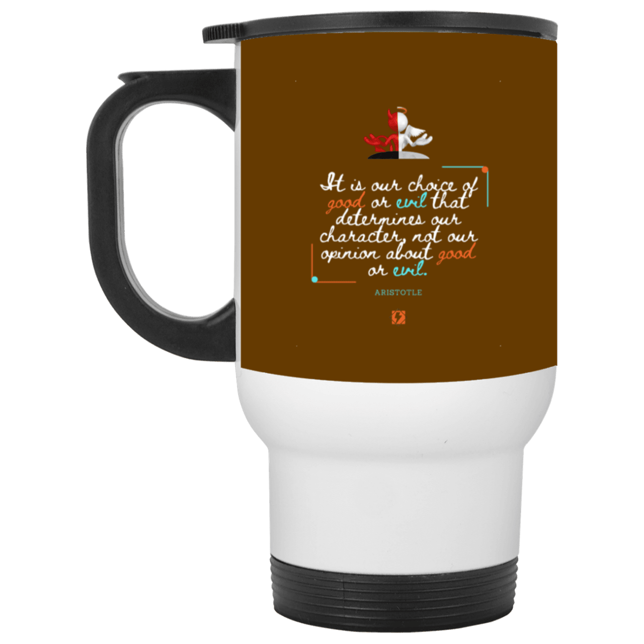 Steel Travel Mug with inspiring Aristotle quote: A116 - Character is self-determined - Color: White Brown