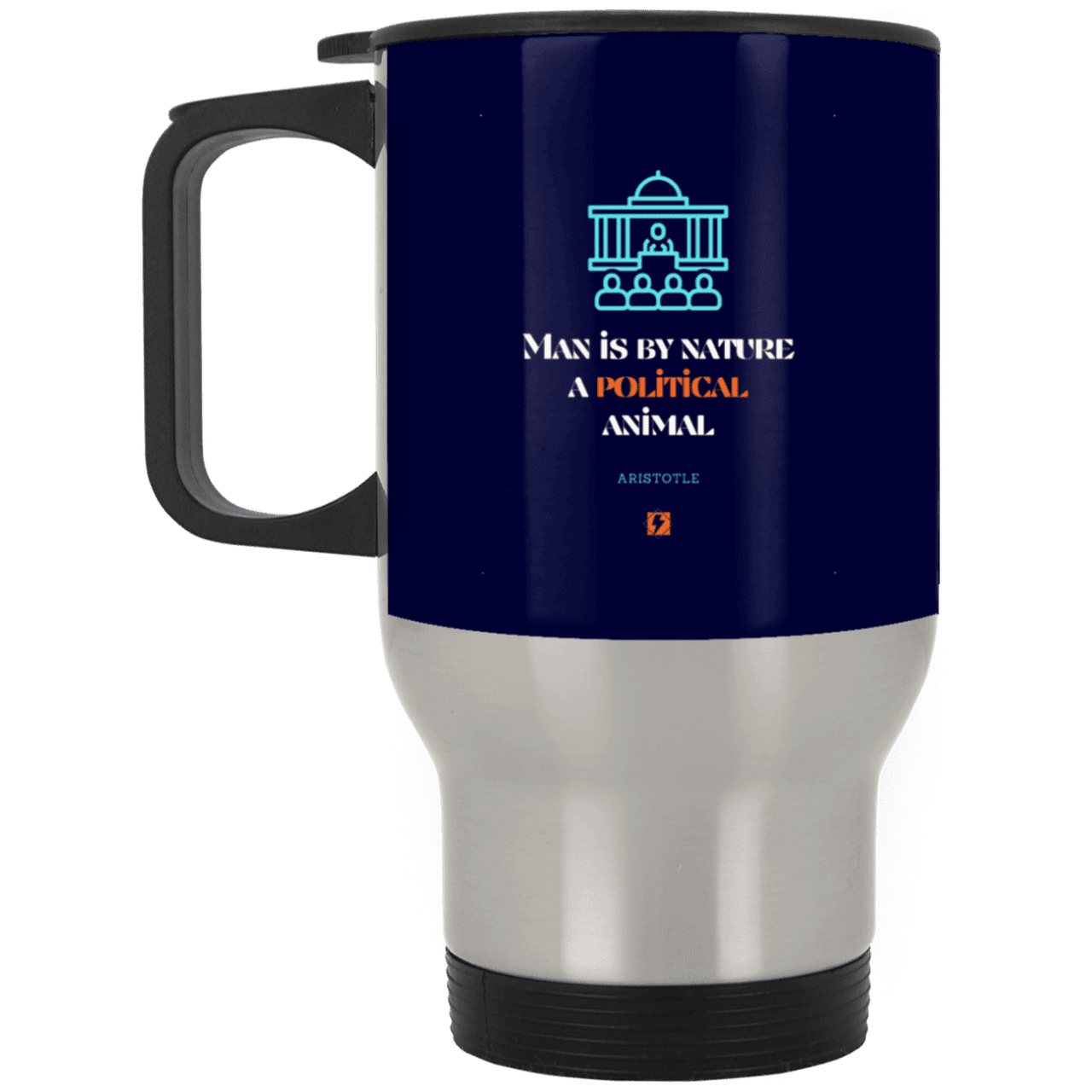 Steel Travel Mug with inspiring Aristotle quote: A120 - Man is political by nature - Color: Silver Navy