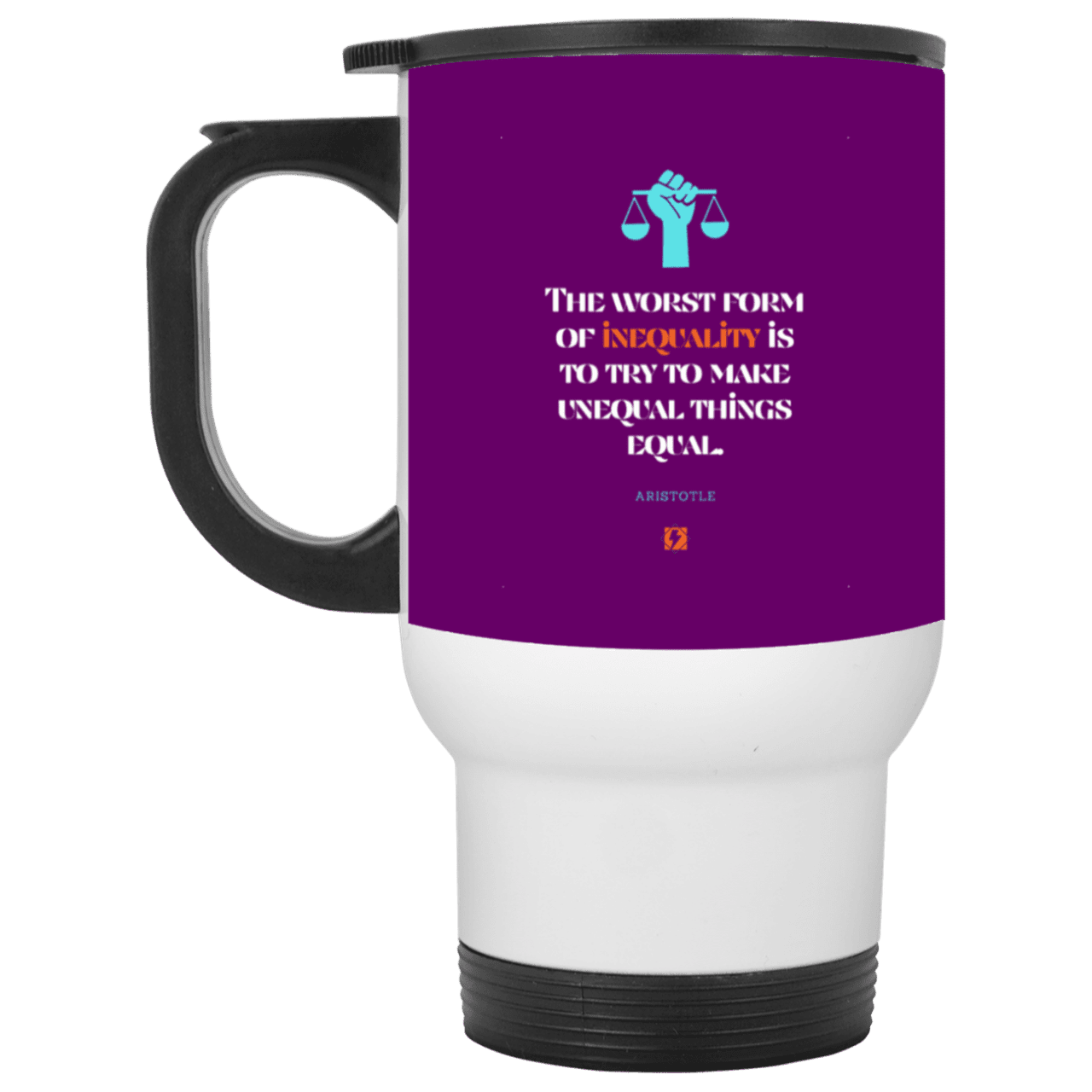 Steel Travel Mug with inspiring Aristotle quote: A128 - Communism is worse than inequality - Color: White Purple