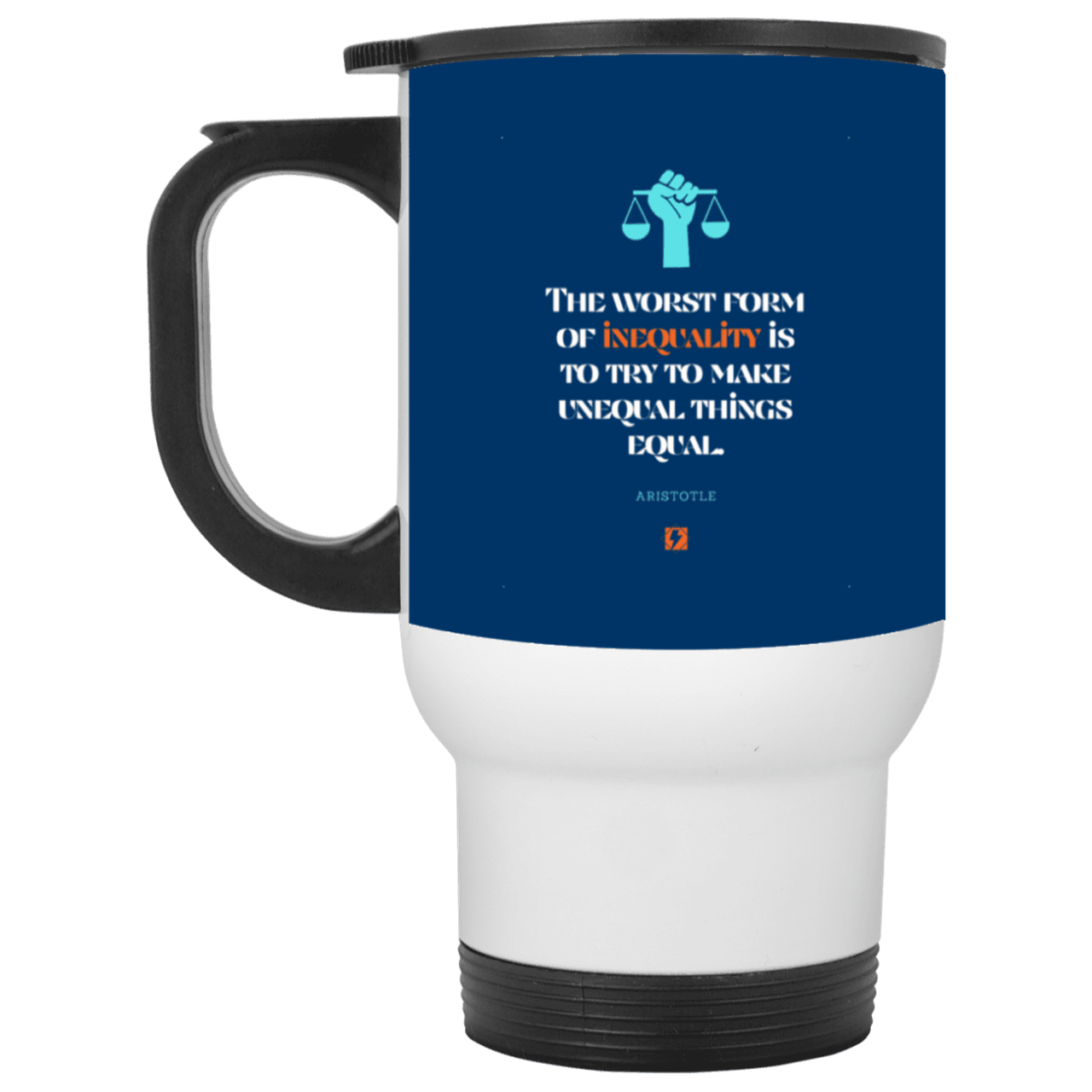 Steel Travel Mug with inspiring Aristotle quote: A128 - Communism is worse than inequality - Color: White Royal