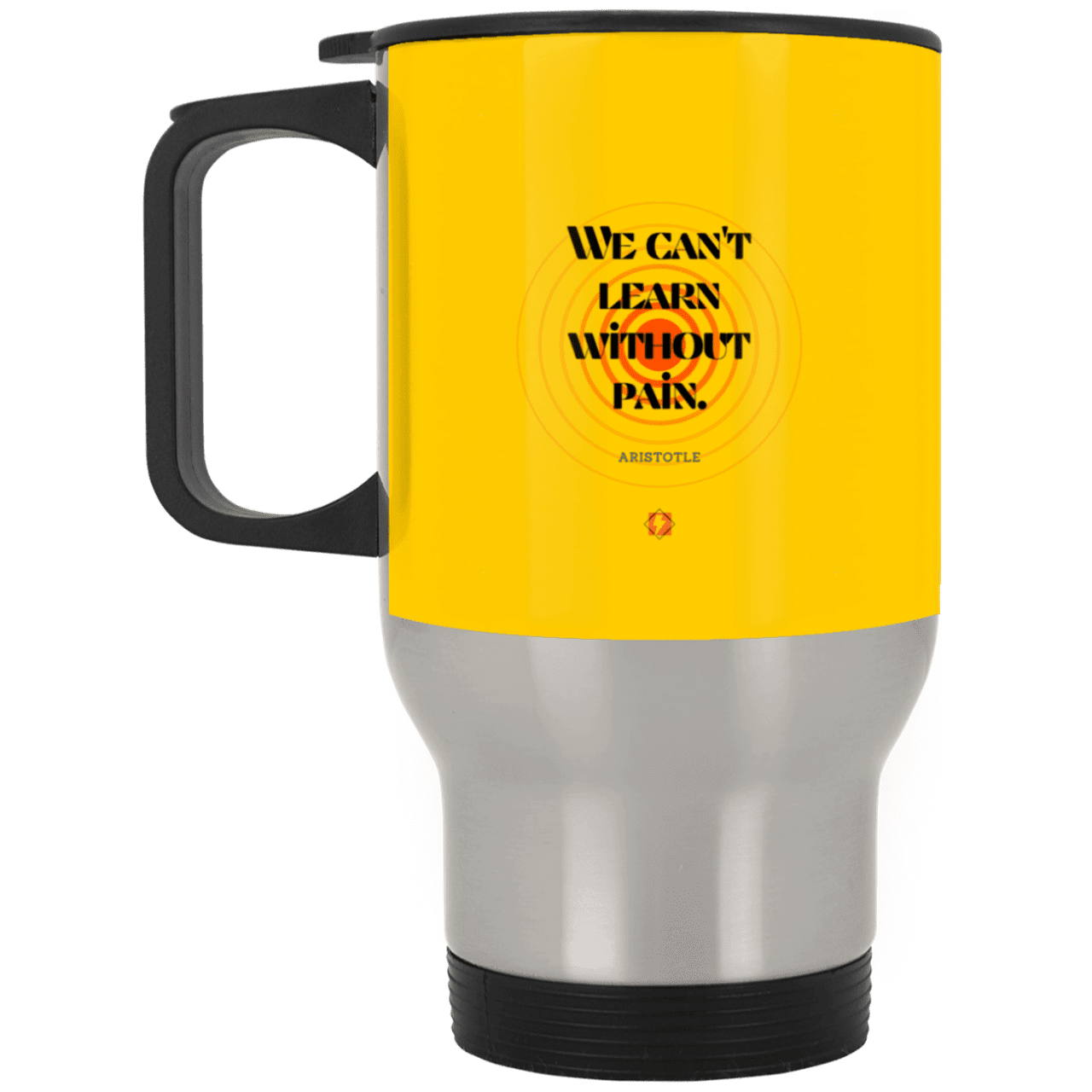 Steel Travel Mug with inspiring Aristotle quote: A131 - Learning comes with inspiring pain - Color: Silver Athletic Gold