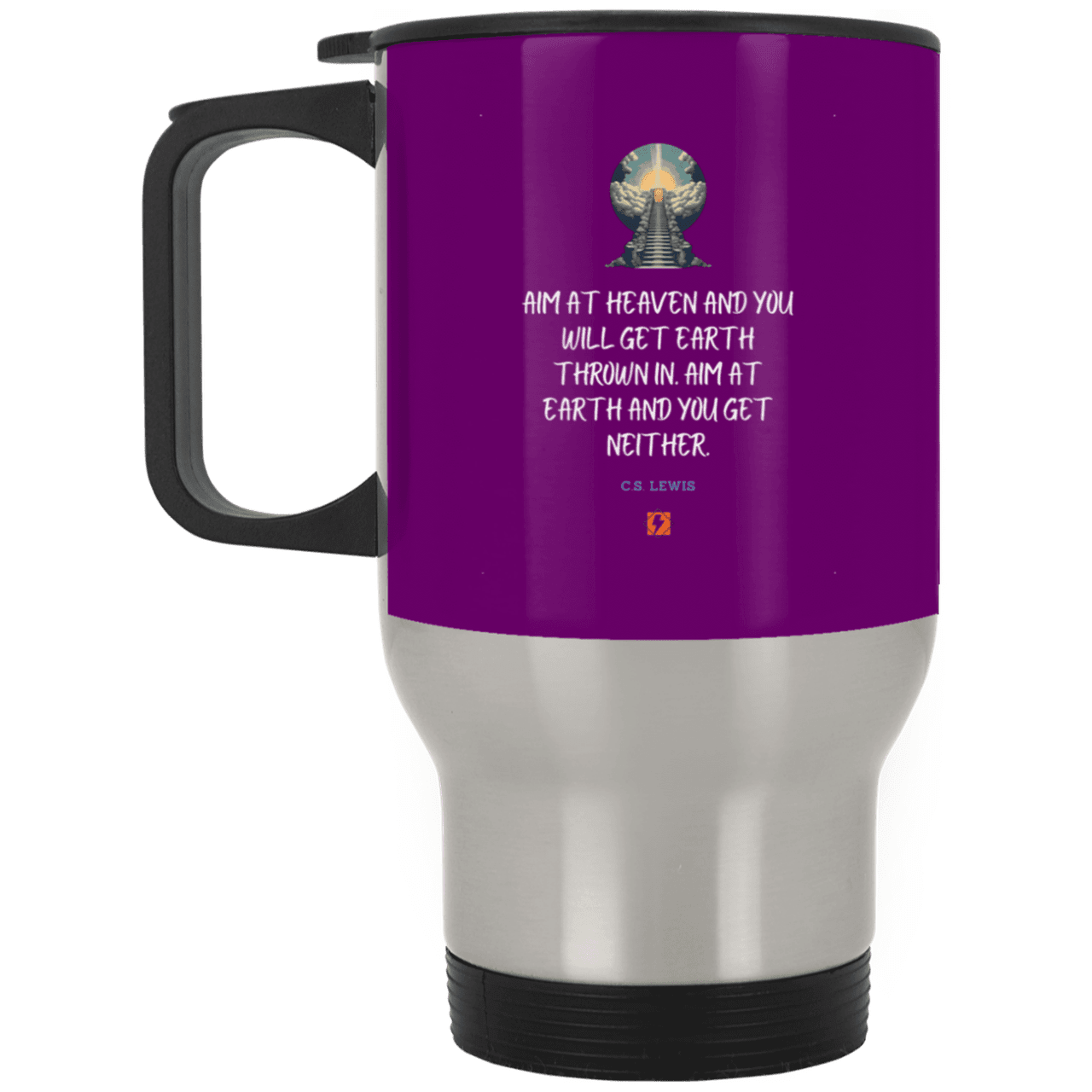 Steel Travel Mug with inspiring CS Lewis quote: CS101 - Aim for heaven - Color: Silver Purple