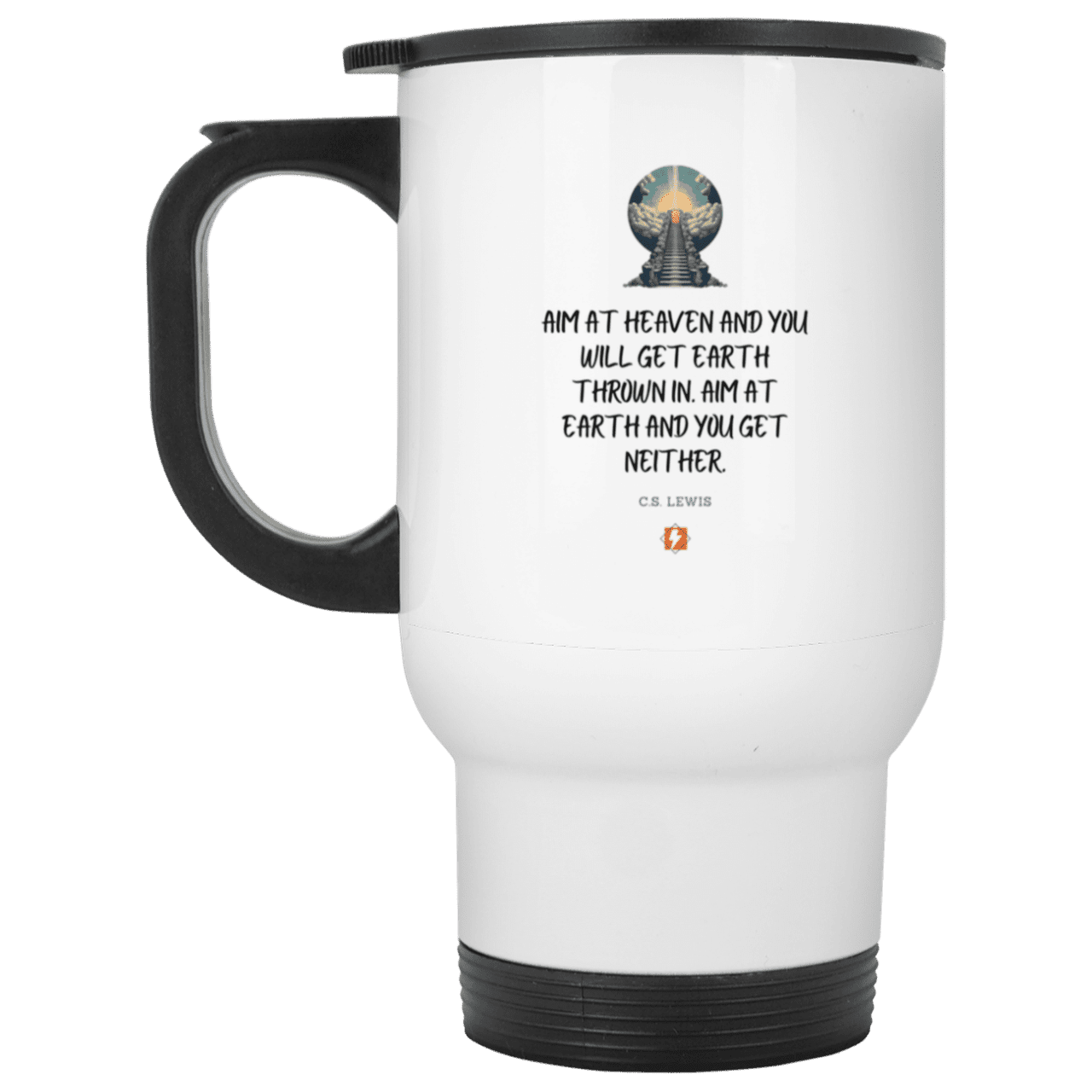 Steel Travel Mug with inspiring CS Lewis quote: CS101 - Aim for heaven - Color: Plain White