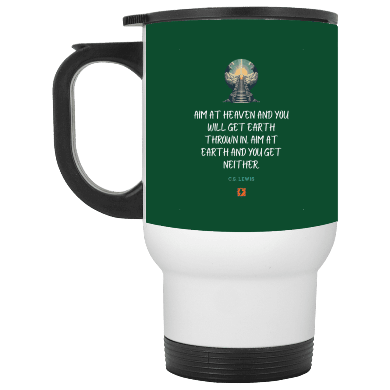 Steel Travel Mug with inspiring CS Lewis quote: CS101 - Aim for heaven - Color: White Forest