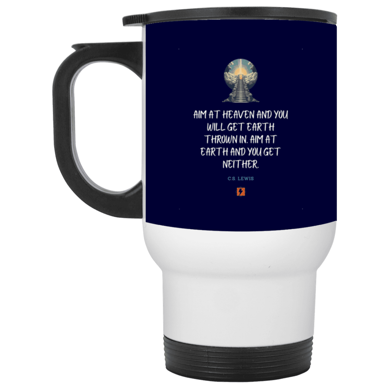 Steel Travel Mug with inspiring CS Lewis quote: CS101 - Aim for heaven - Color: White Navy