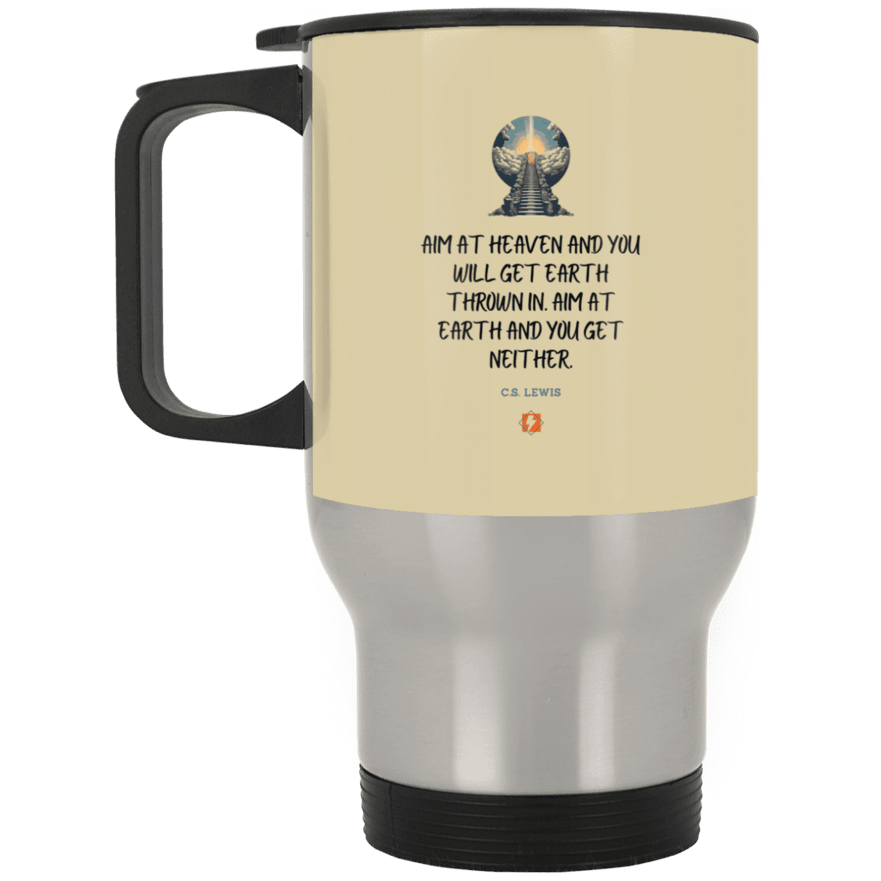 Steel Travel Mug with inspiring CS Lewis quote: CS101 - Aim for heaven - Color: Silver Tan