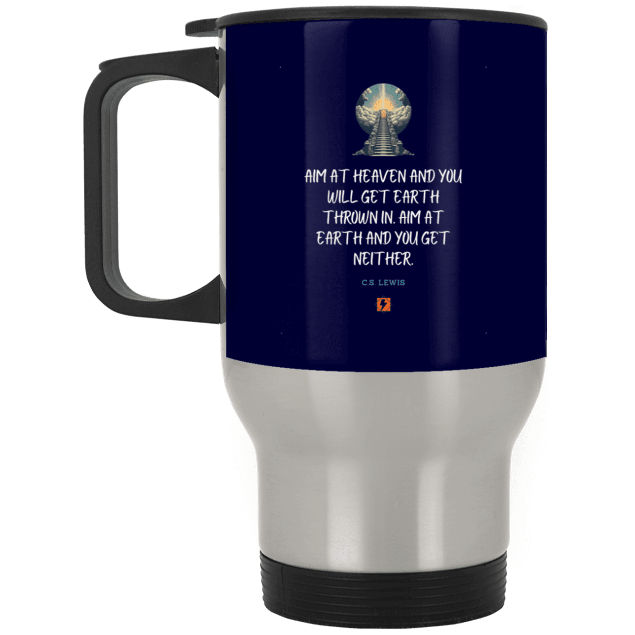 Steel Travel Mug with inspiring CS Lewis quote: CS101 - Aim for heaven - Color: Silver Navy