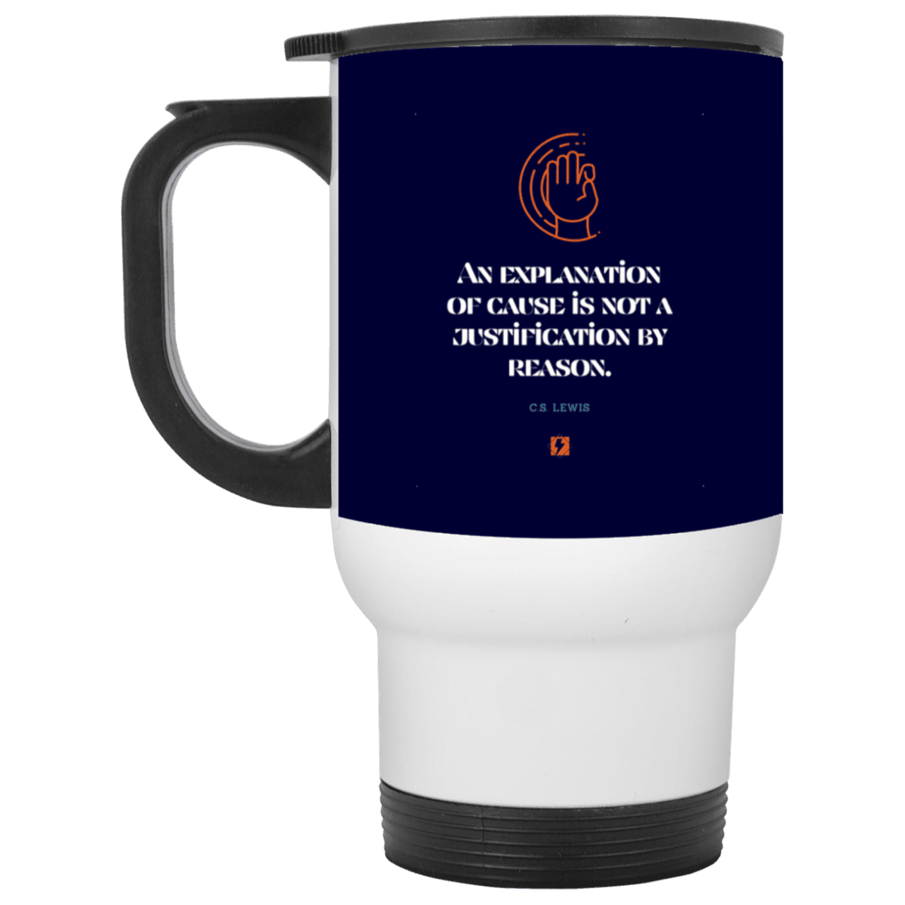 Steel Travel Mug with inspiring CS Lewis quote: CS102 - Explanations Vs Justifications - Color: White Navy