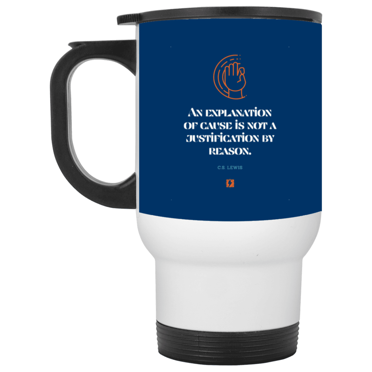 Steel Travel Mug with inspiring CS Lewis quote: CS102 - Explanations Vs Justifications - Color: White Royal