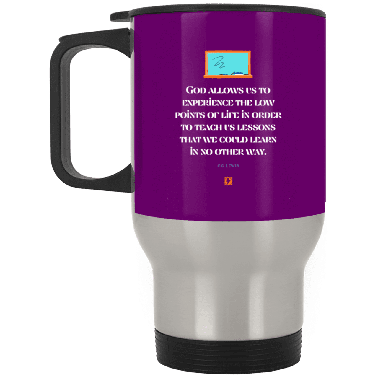 Steel Travel Mug with inspiring CS Lewis quote: CS105 - Lowpoints are lessons - Color: Silver Purple