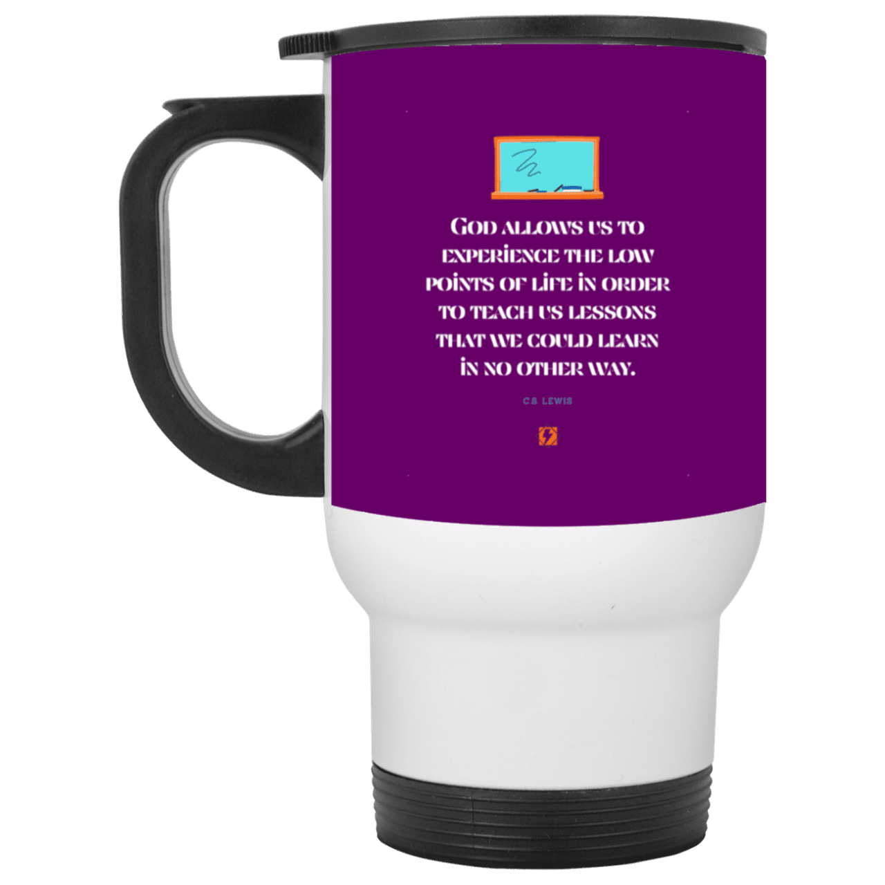 Steel Travel Mug with inspiring CS Lewis quote: CS105 - Lowpoints are lessons - Color: White Purple