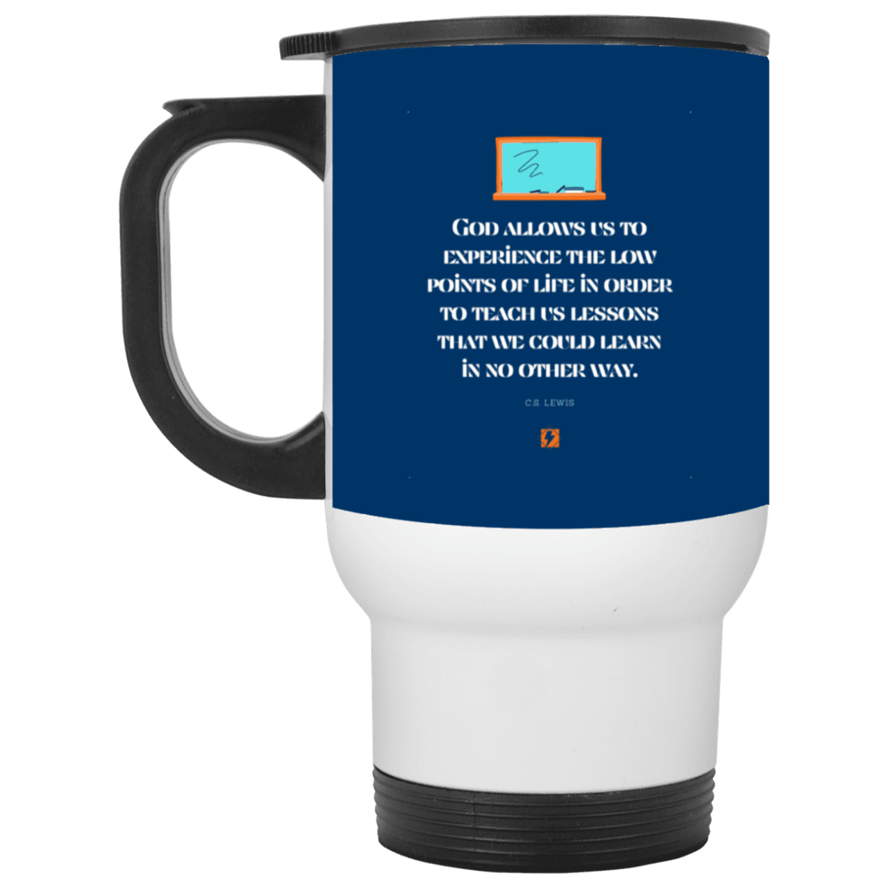 Steel Travel Mug with inspiring CS Lewis quote: CS105 - Lowpoints are lessons - Color: White Royal