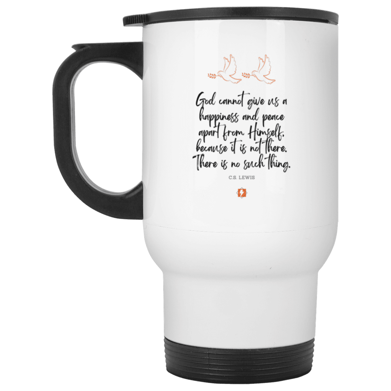 Steel Travel Mug with inspiring CS Lewis quote: CS106 - No peace apart from God - Color: Plain White