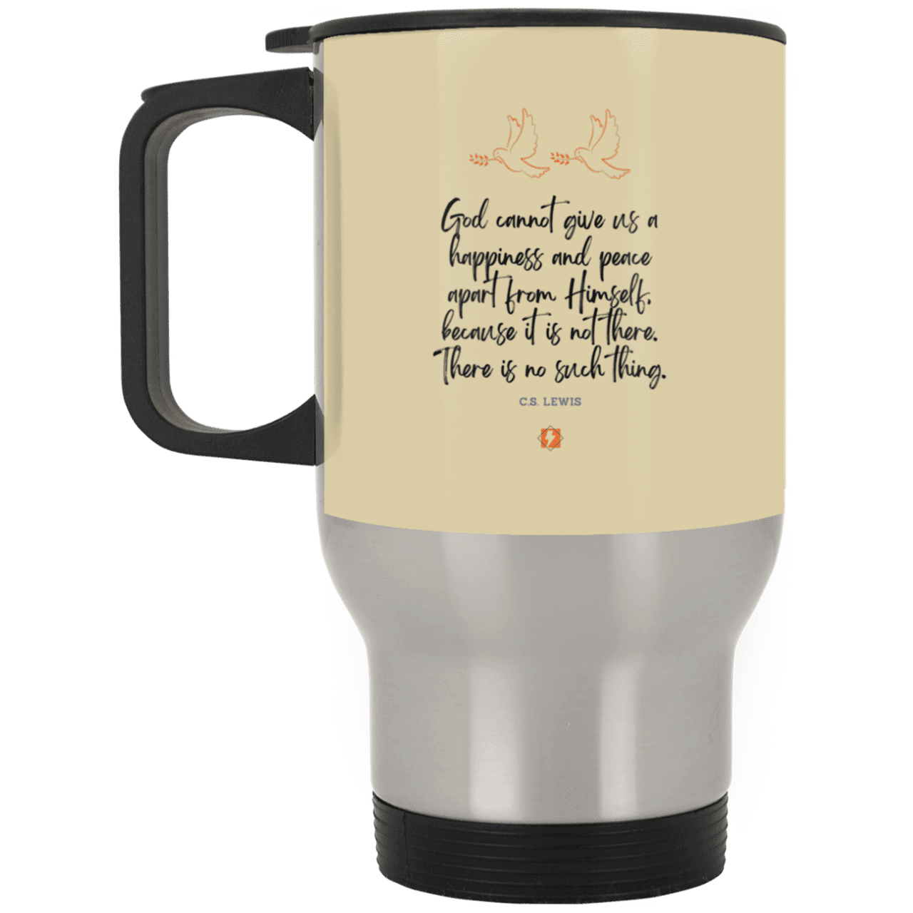 Steel Travel Mug with inspiring CS Lewis quote: CS106 - No peace apart from God - Color: Silver Tan