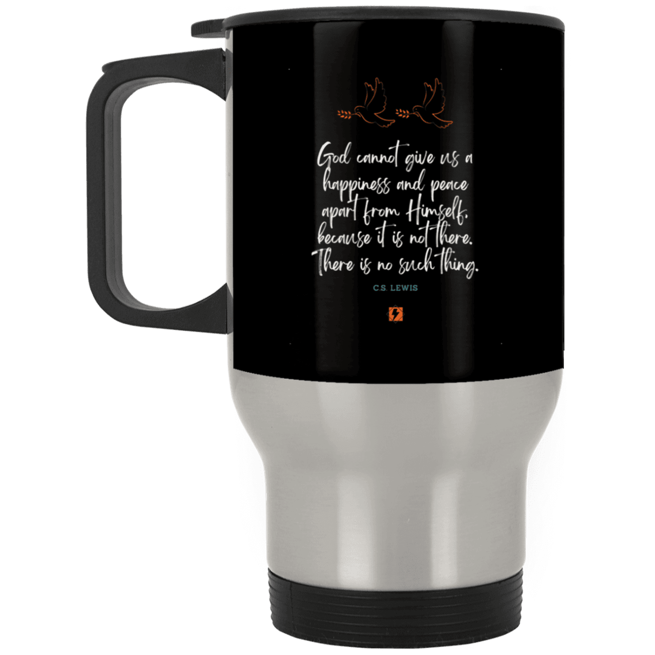 Steel Travel Mug with inspiring CS Lewis quote: CS106 - No peace apart from God - Color: Silver Black