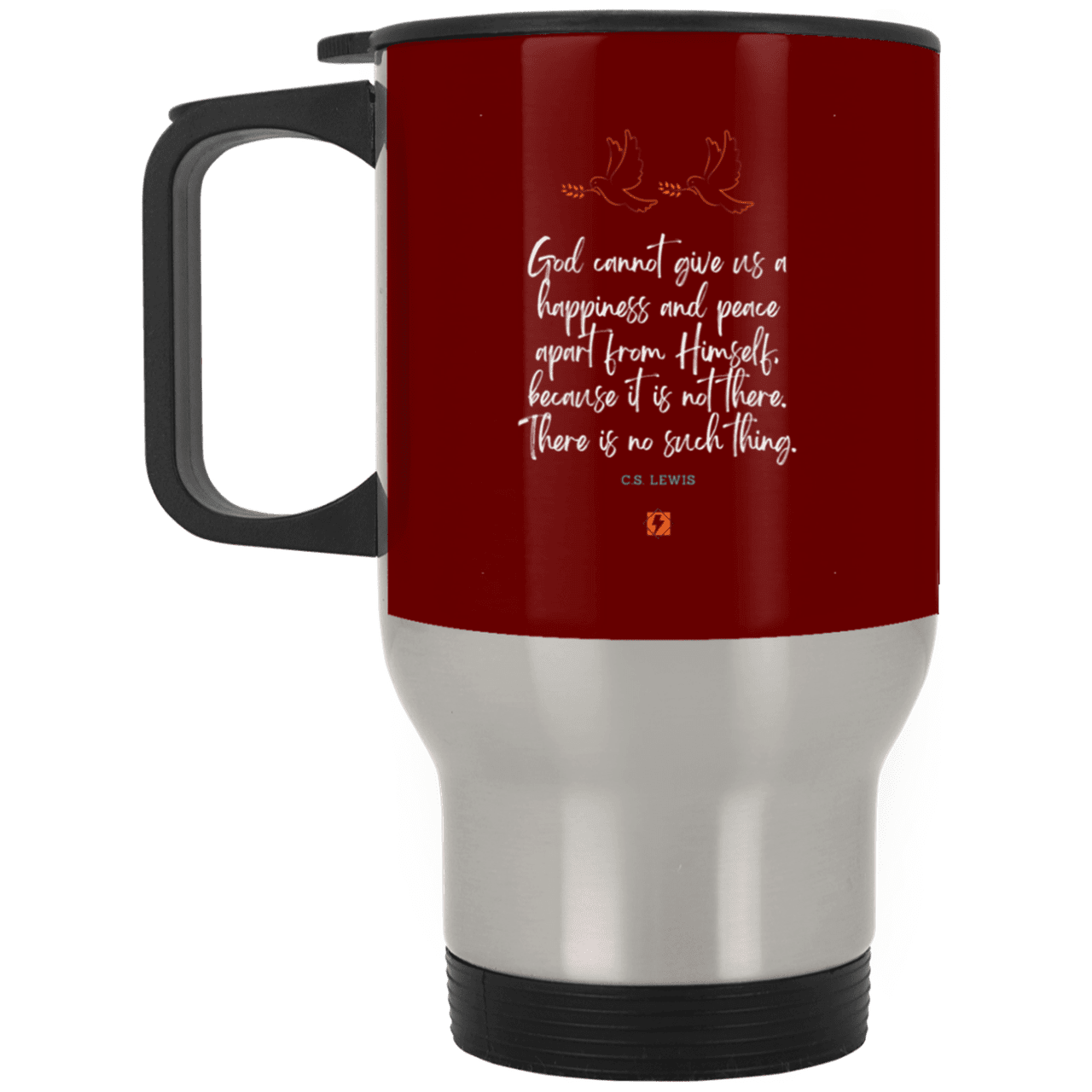 Steel Travel Mug with inspiring CS Lewis quote: CS106 - No peace apart from God - Color: Silver Maroon