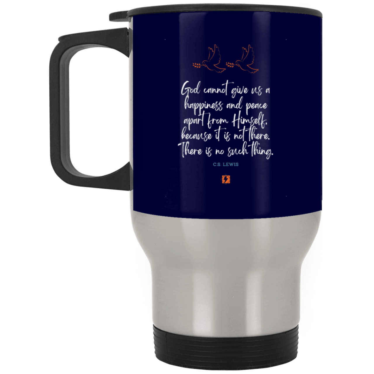 Steel Travel Mug with inspiring CS Lewis quote: CS106 - No peace apart from God - Color: Silver Navy