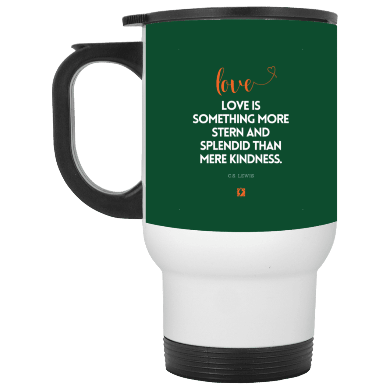 Steel Travel Mug with inspiring CS Lewis quote: CS109 - Love is more than kindness - Color: White Forest